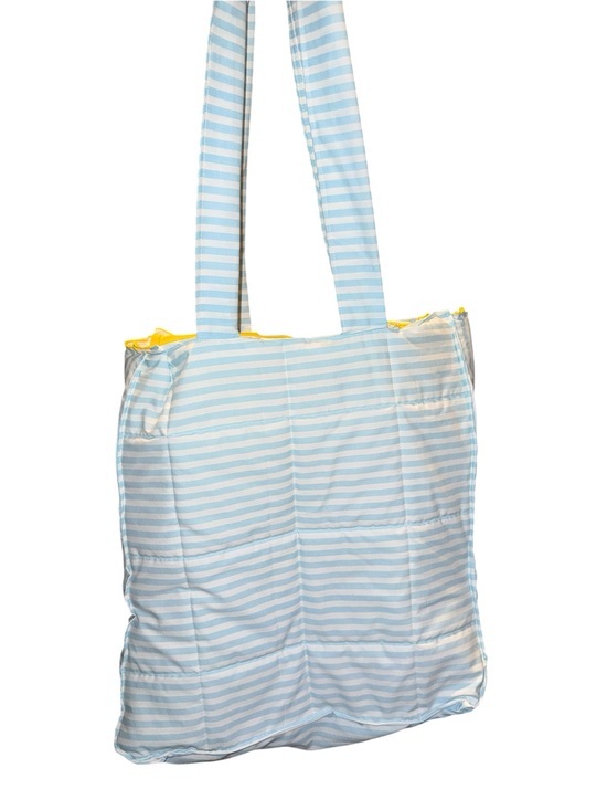 Handmade Handbags - Handmade quilted Light Blue & White Striped Tote Bag with Yellow liner